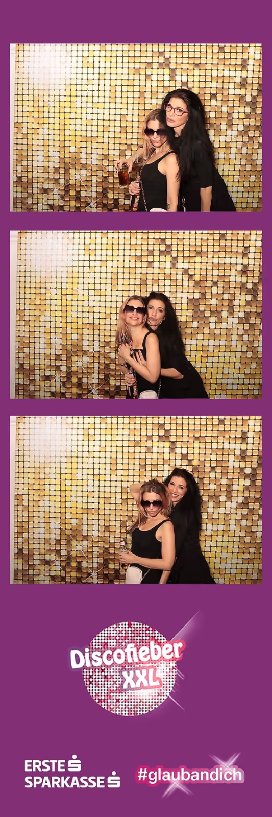Photo strip in purple and gold with three shots of two guests and event branding