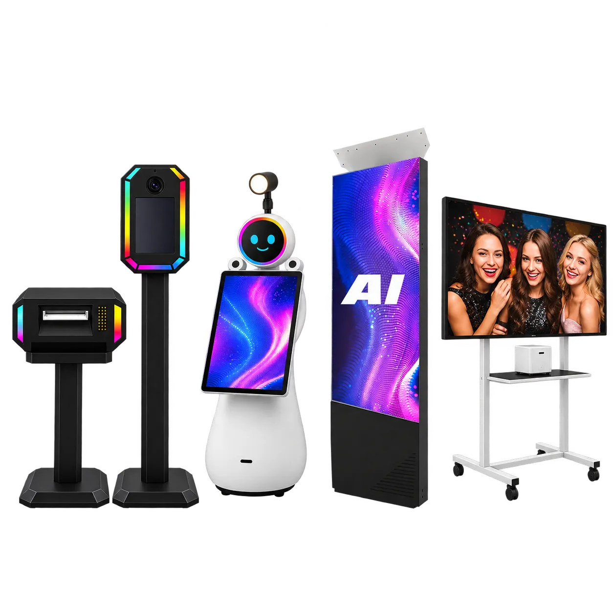 Geräte der AI Line von FiestaPics: AI Fotobox, Fotobox Roboter LUNA, AI Guest Booth und AI Magic Mirror