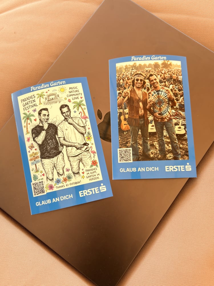 Paradies Garten Festival – Sofortdruck des AI Magic Mirror Retro mit Festival-Branding