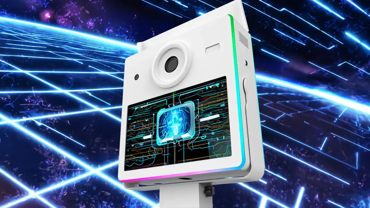 AI Fotobox vor einem blauen Lichtstrahlen-Hintergrund