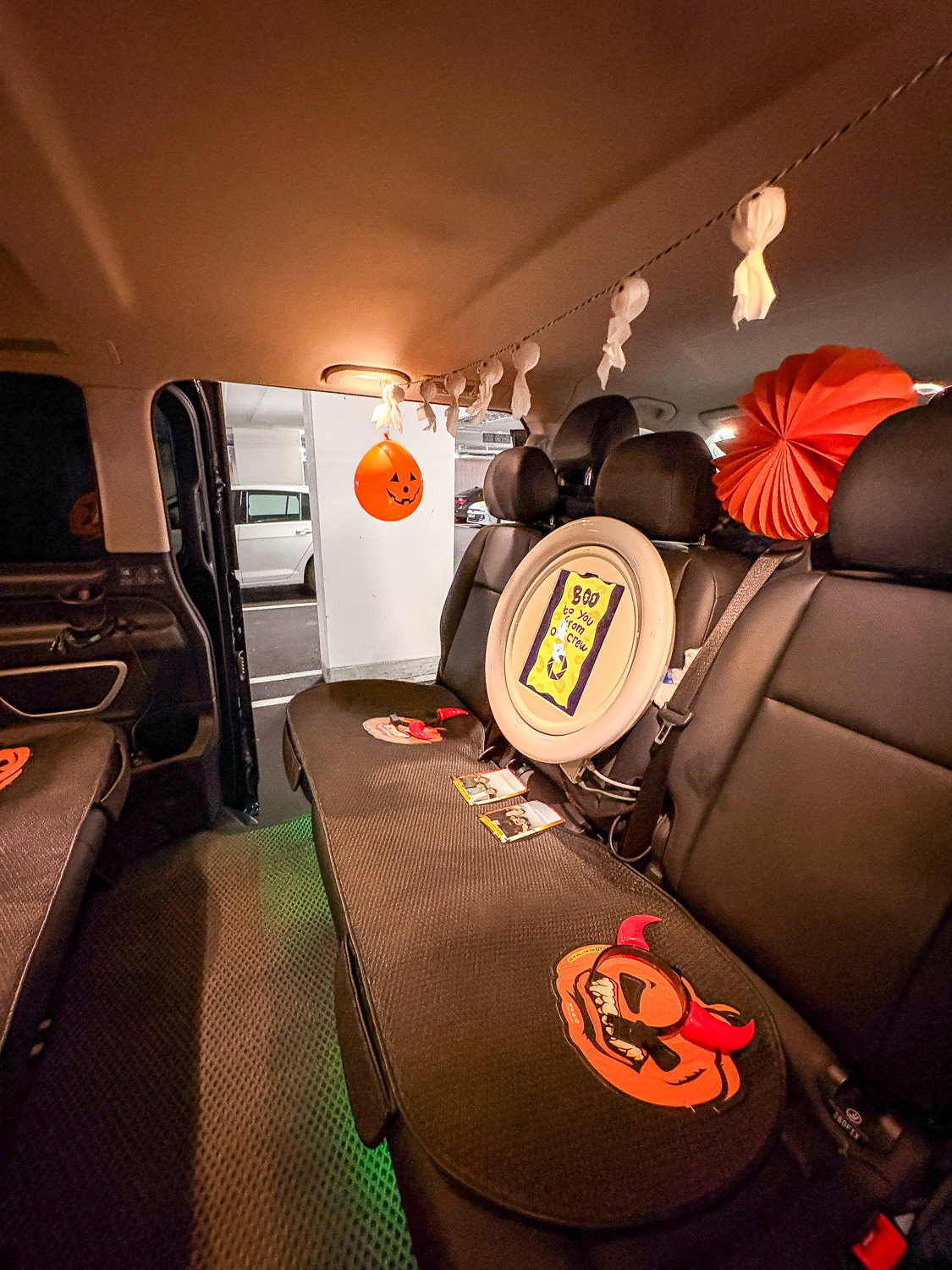 Halloween decorated taxi interior with a built-in photo station