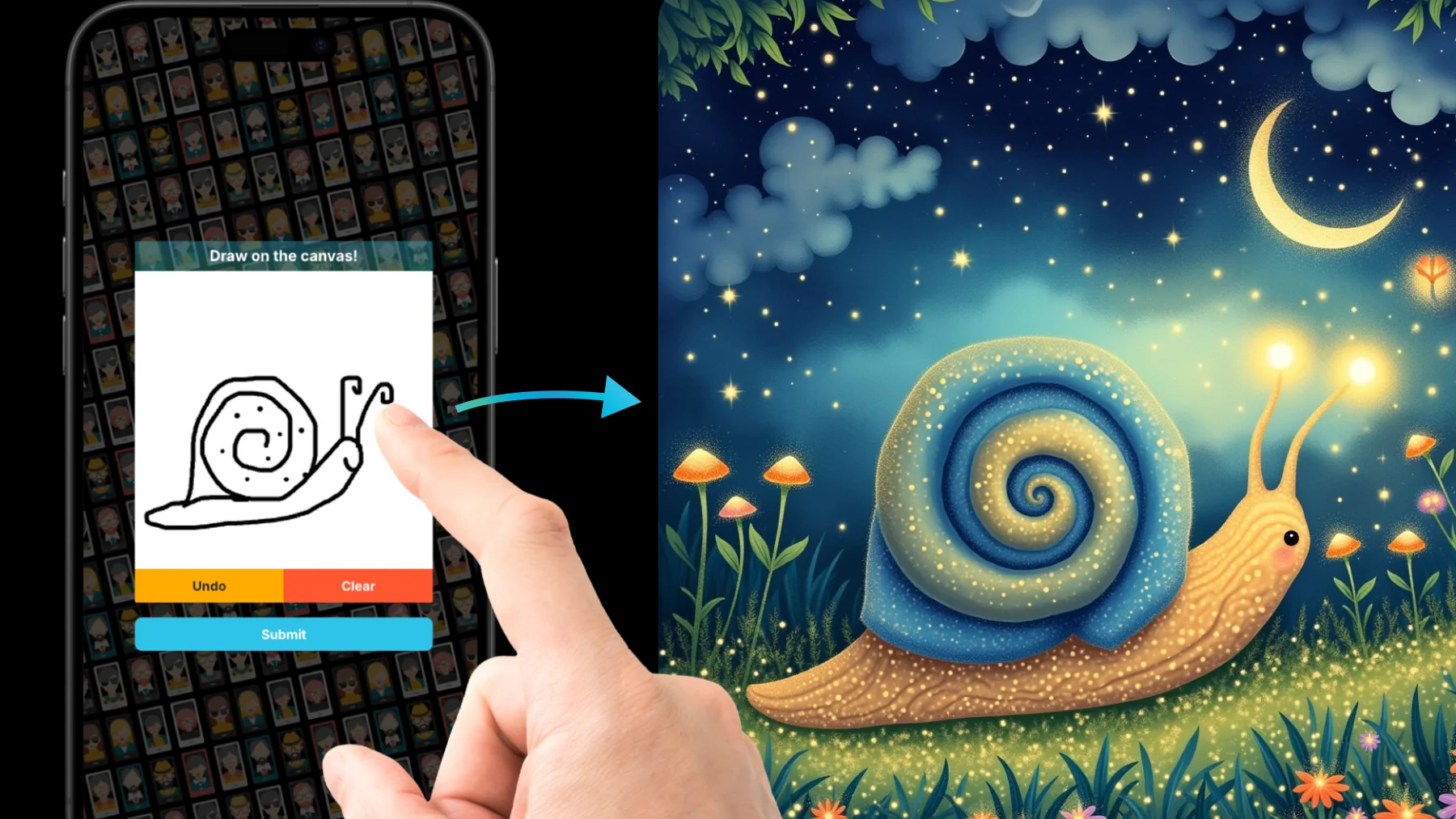 Drawn snail on a smartphone turned into a glowing AI illustration