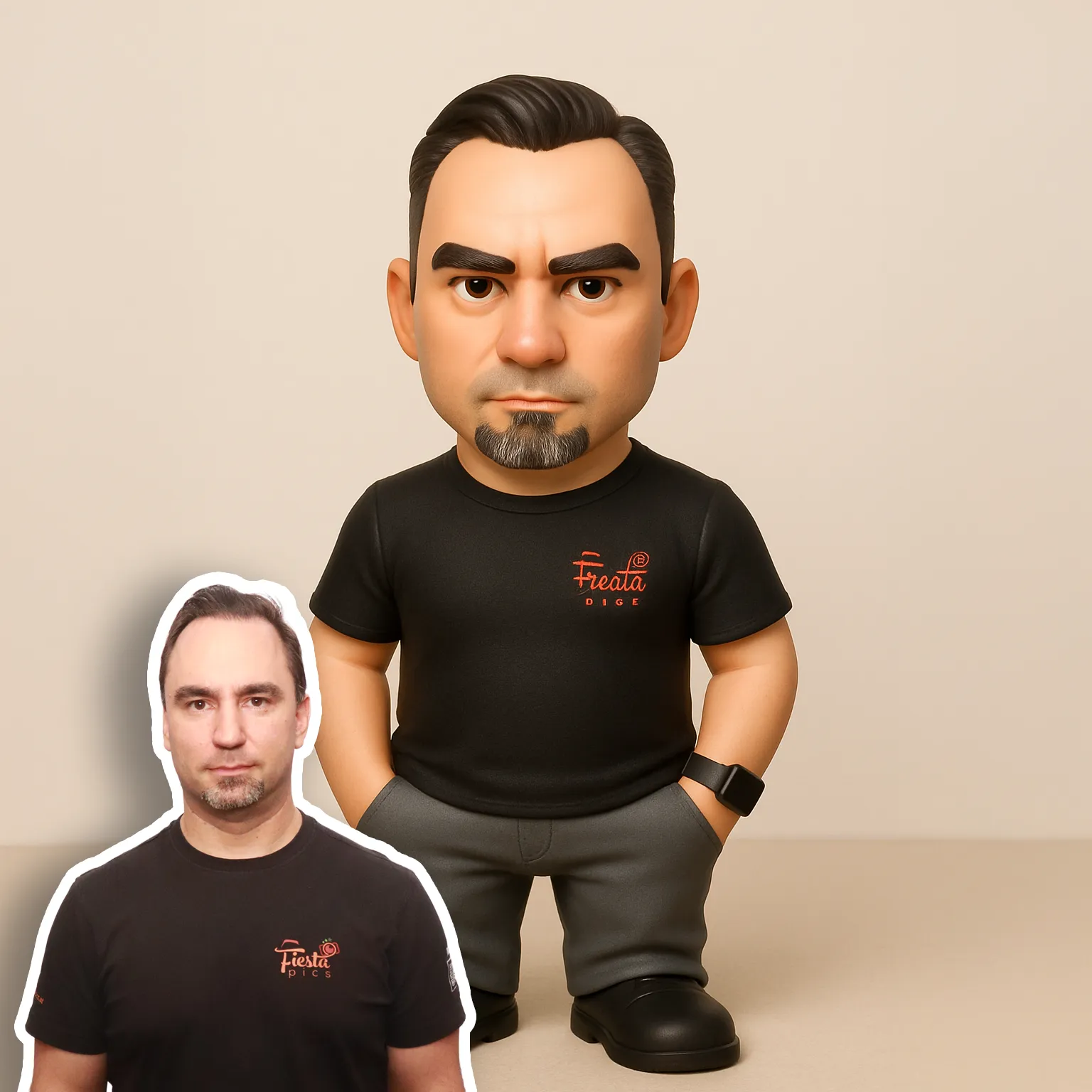 Guest as a collectible figure with an oversized head next to the original photo