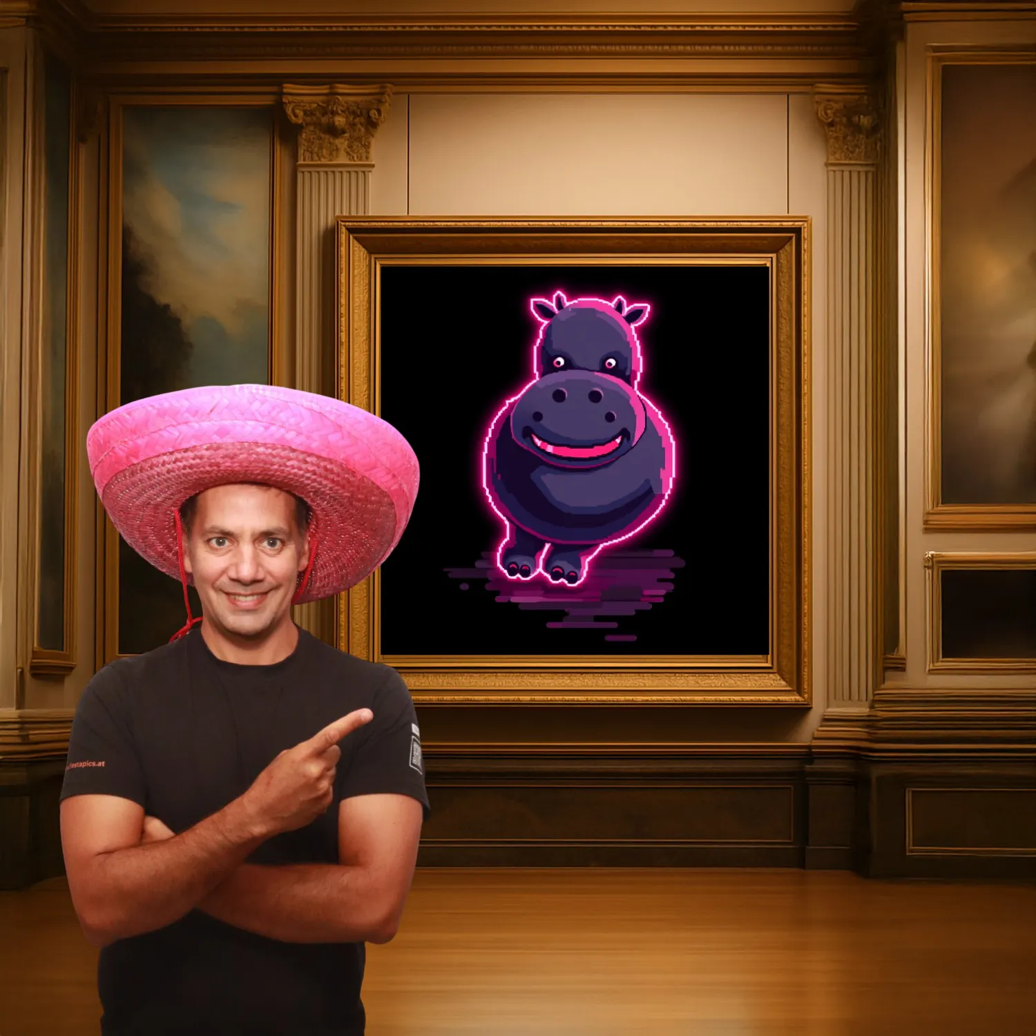 Neon hippo artwork created from a drawing, shown in a picture frame