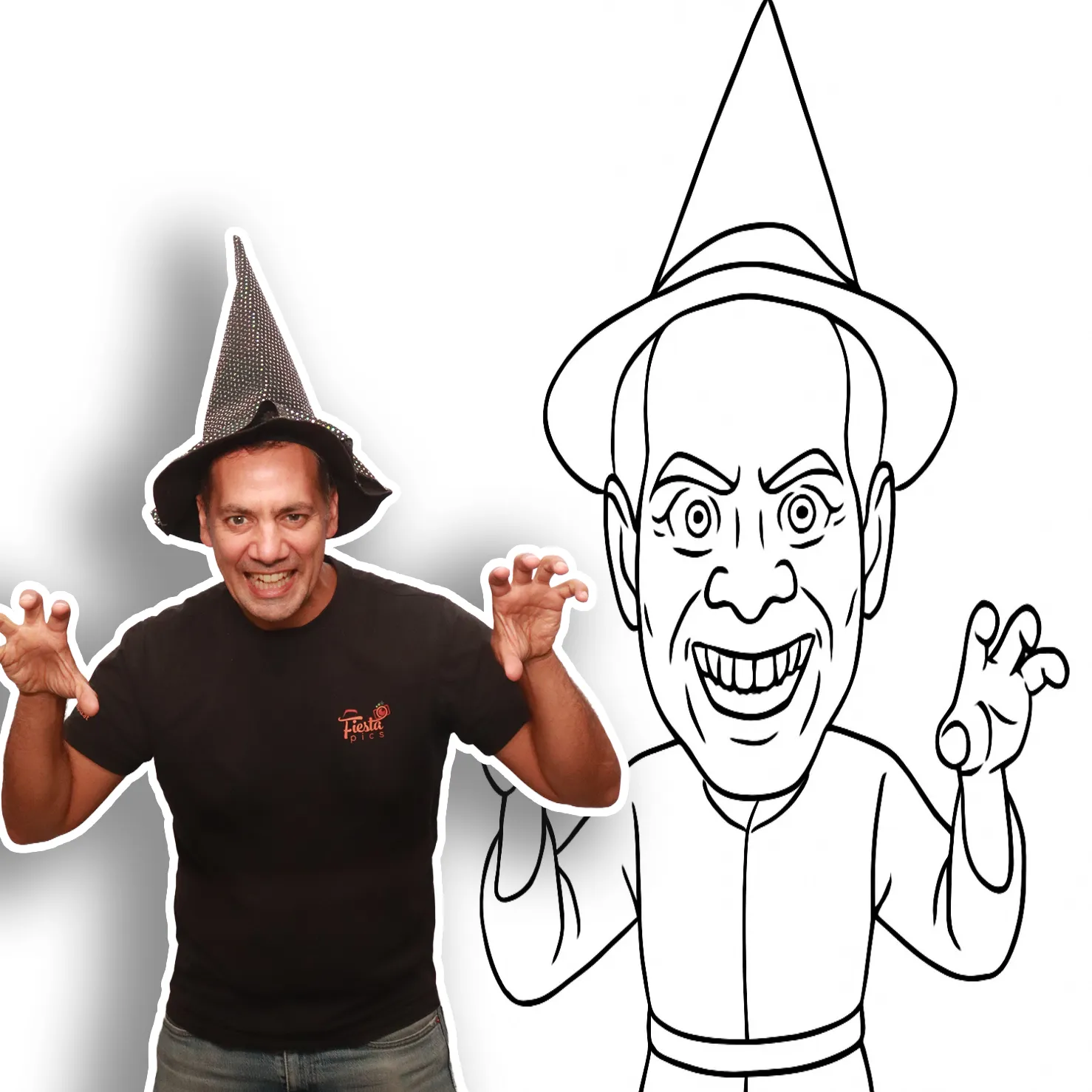 Black and white caricature drawing of a guest wearing a pointed hat