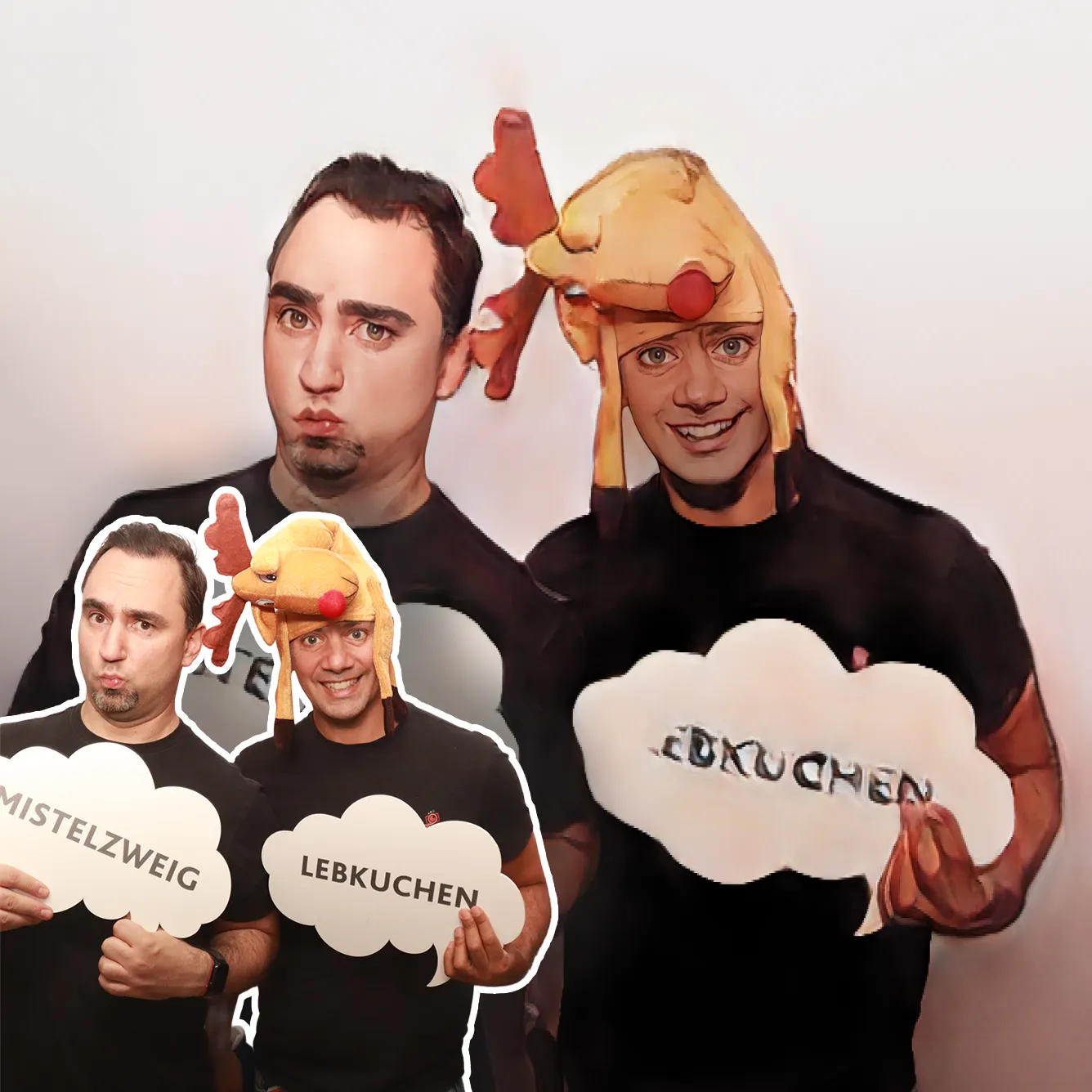 Guests as cartoon characters holding Christmas signs