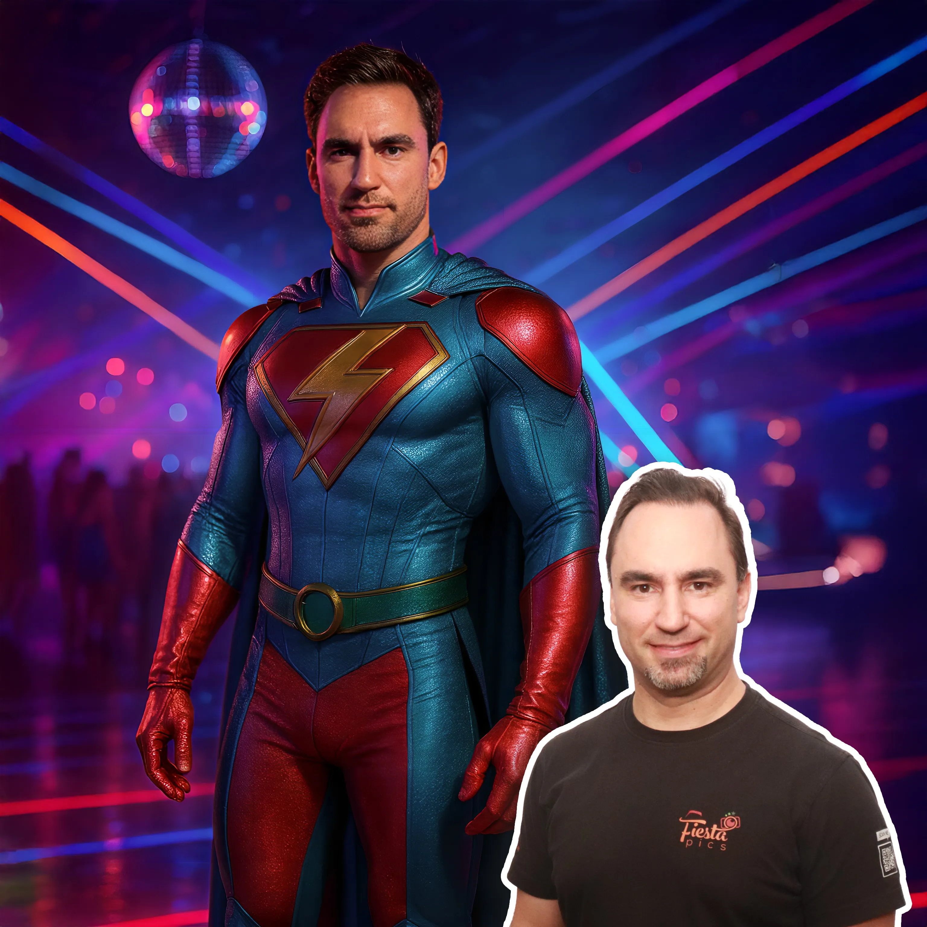 Guest as a superhero on a stage next to his original portrait
