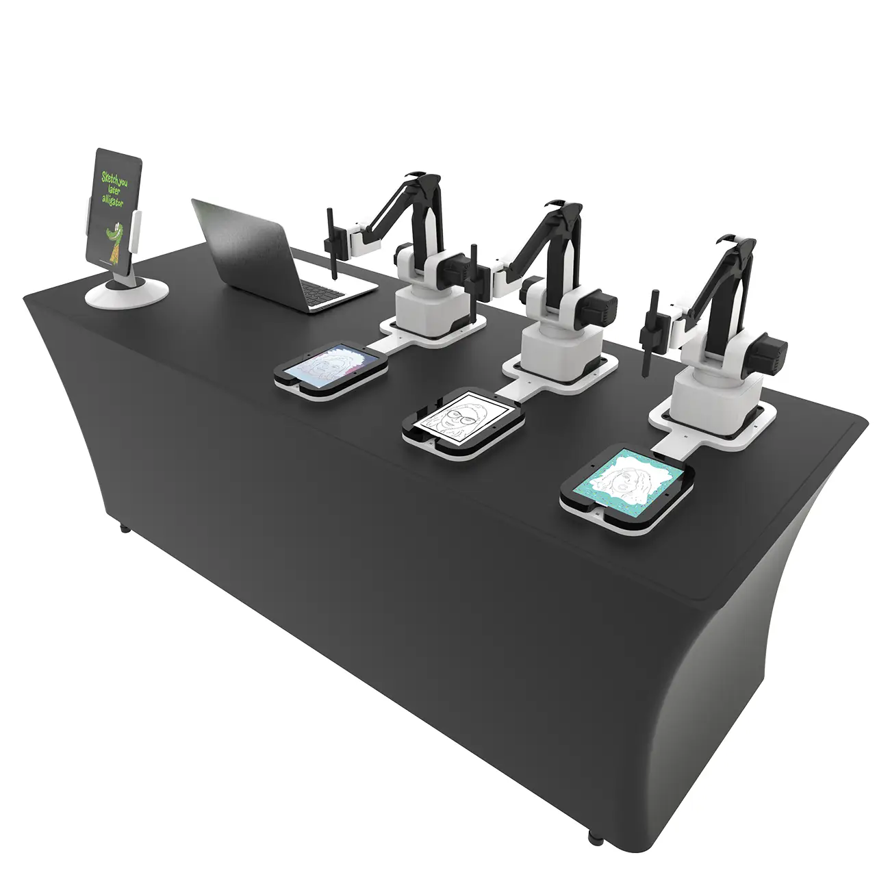 Setup rendering of a table with four AI Sketcher robots and a laptop