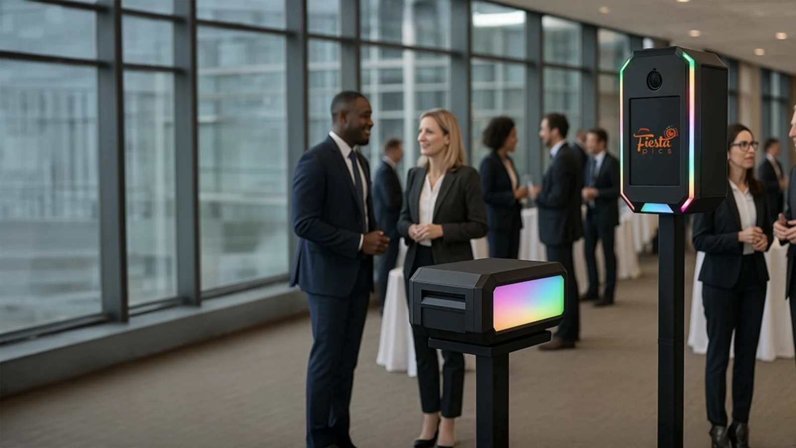 AI photo booth in an office lobby with guests in business attire