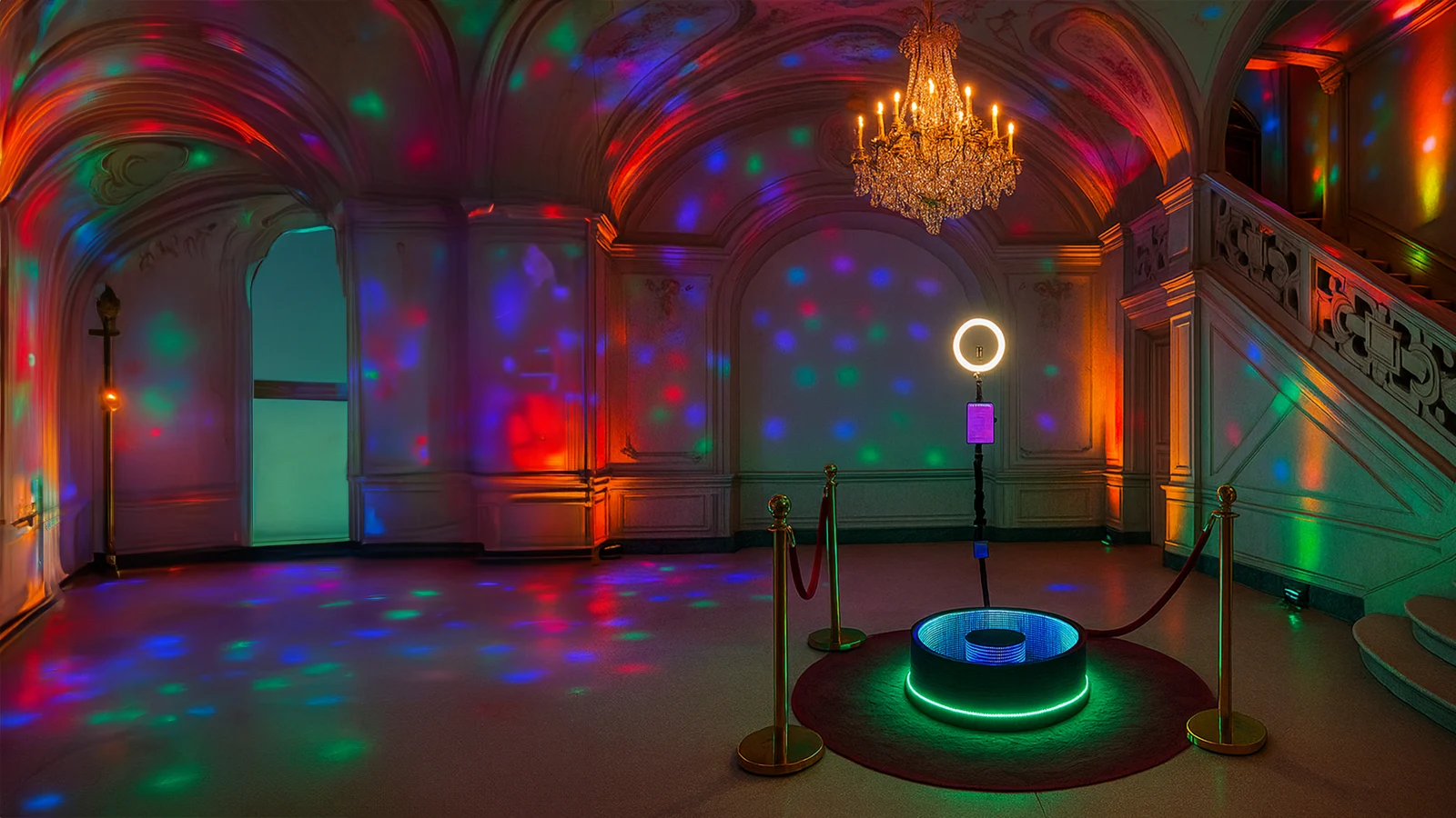 360 degree ground spinner with a glowing platform in a historic ballroom