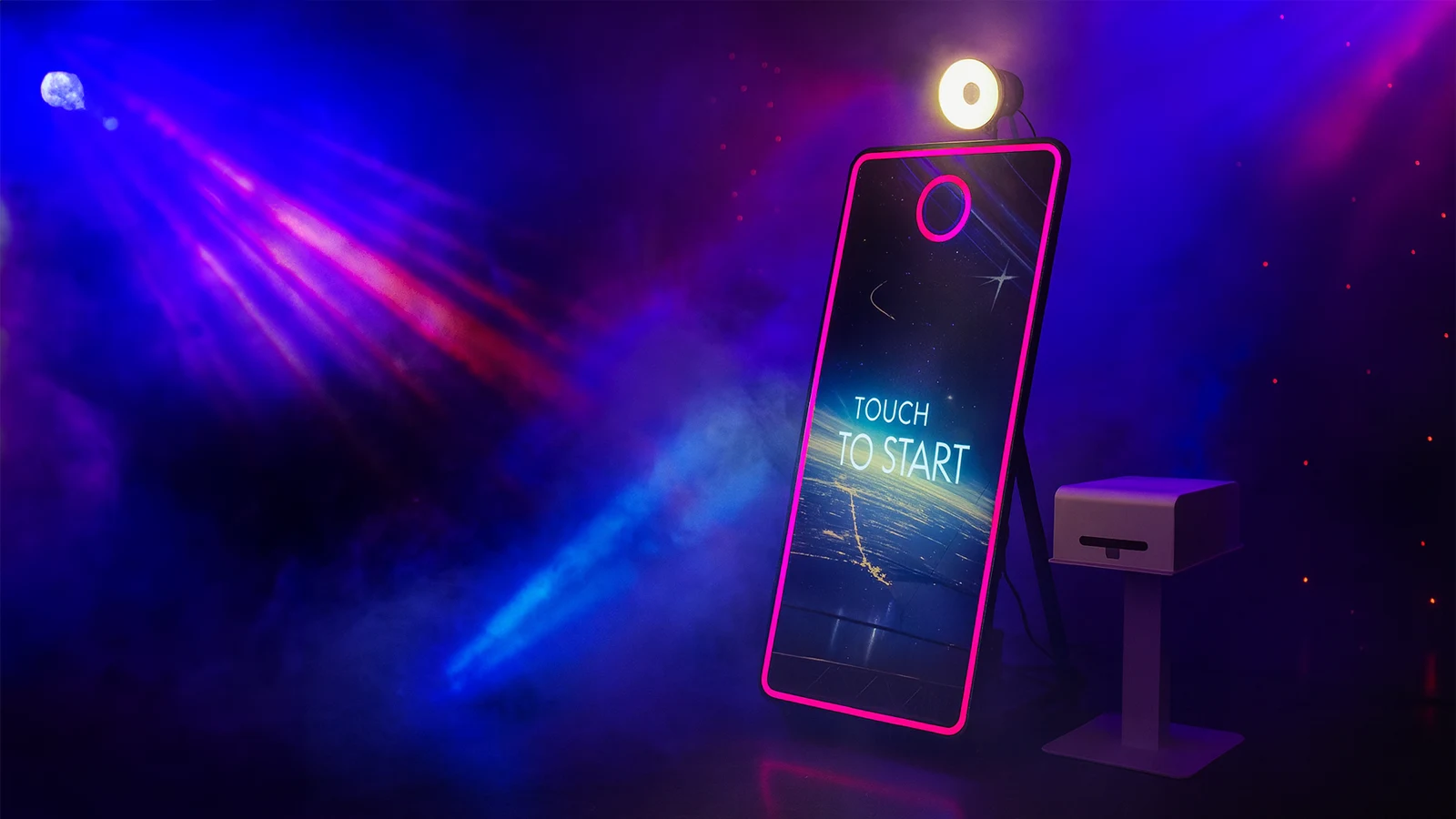 Magic iMirror with a pink light frame against a blue purple background