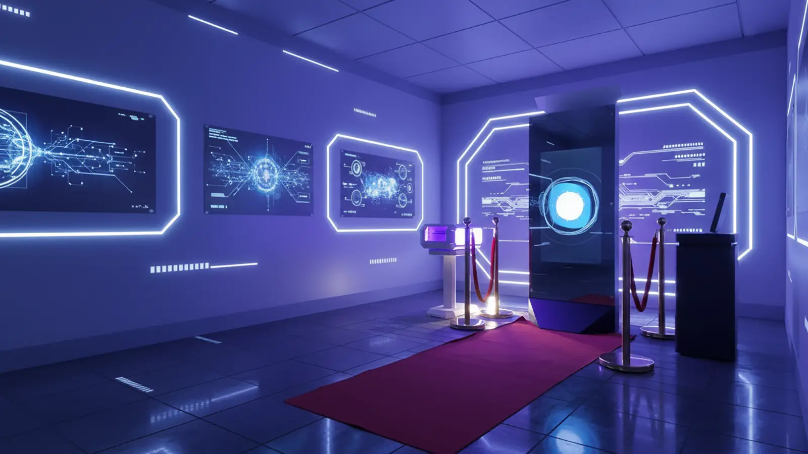 AI Magic Mirror in a futuristically lit room with a red carpet