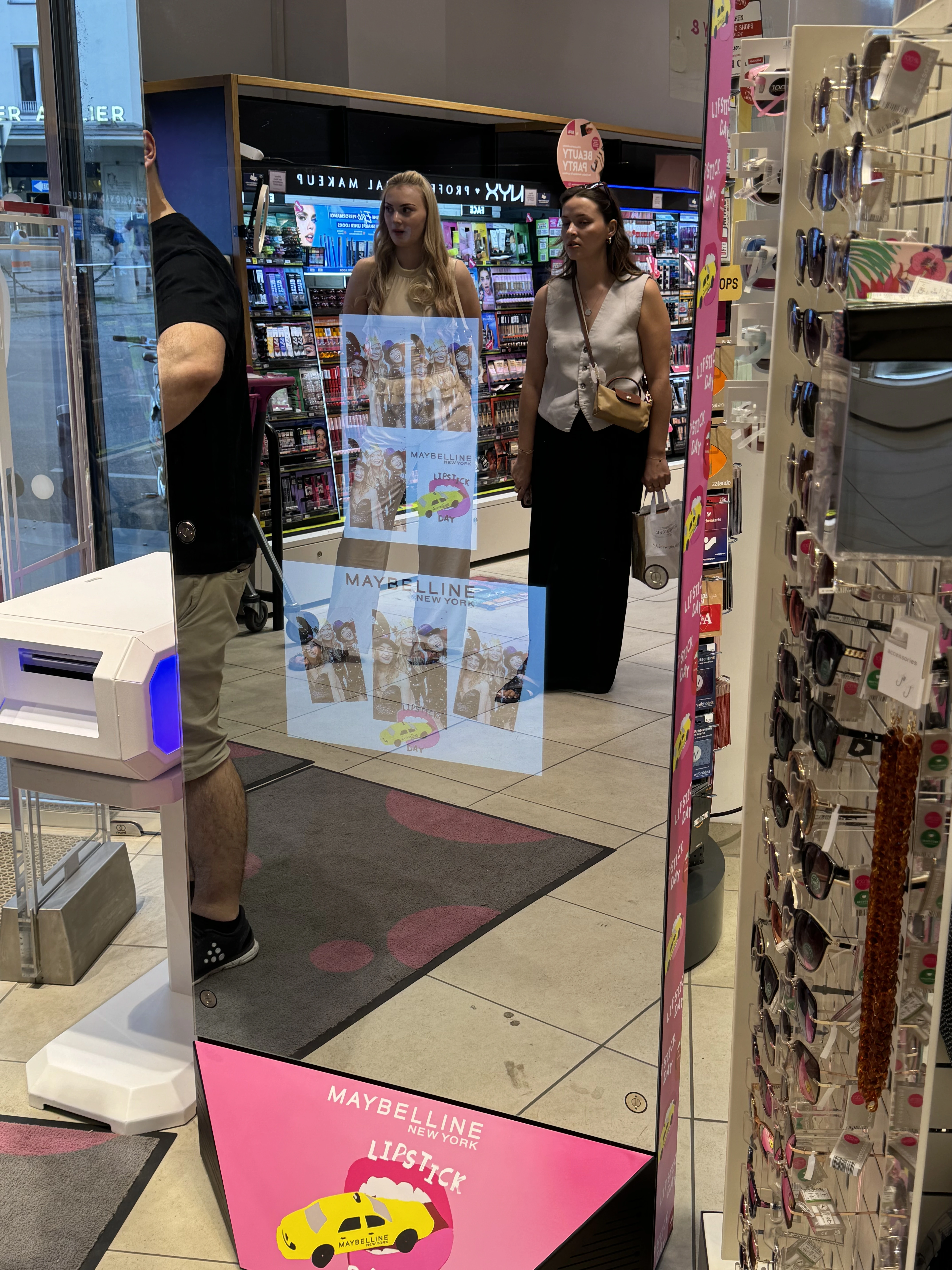 AI Magic Mirror in a store with a pink carpet and shelves