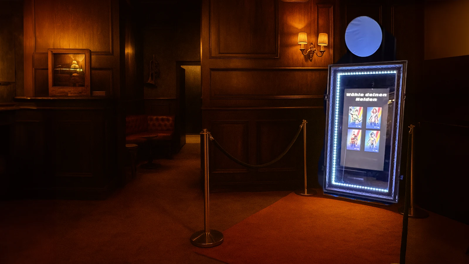 Magic Mirror Retro in a gold frame in a wood-panelled hall