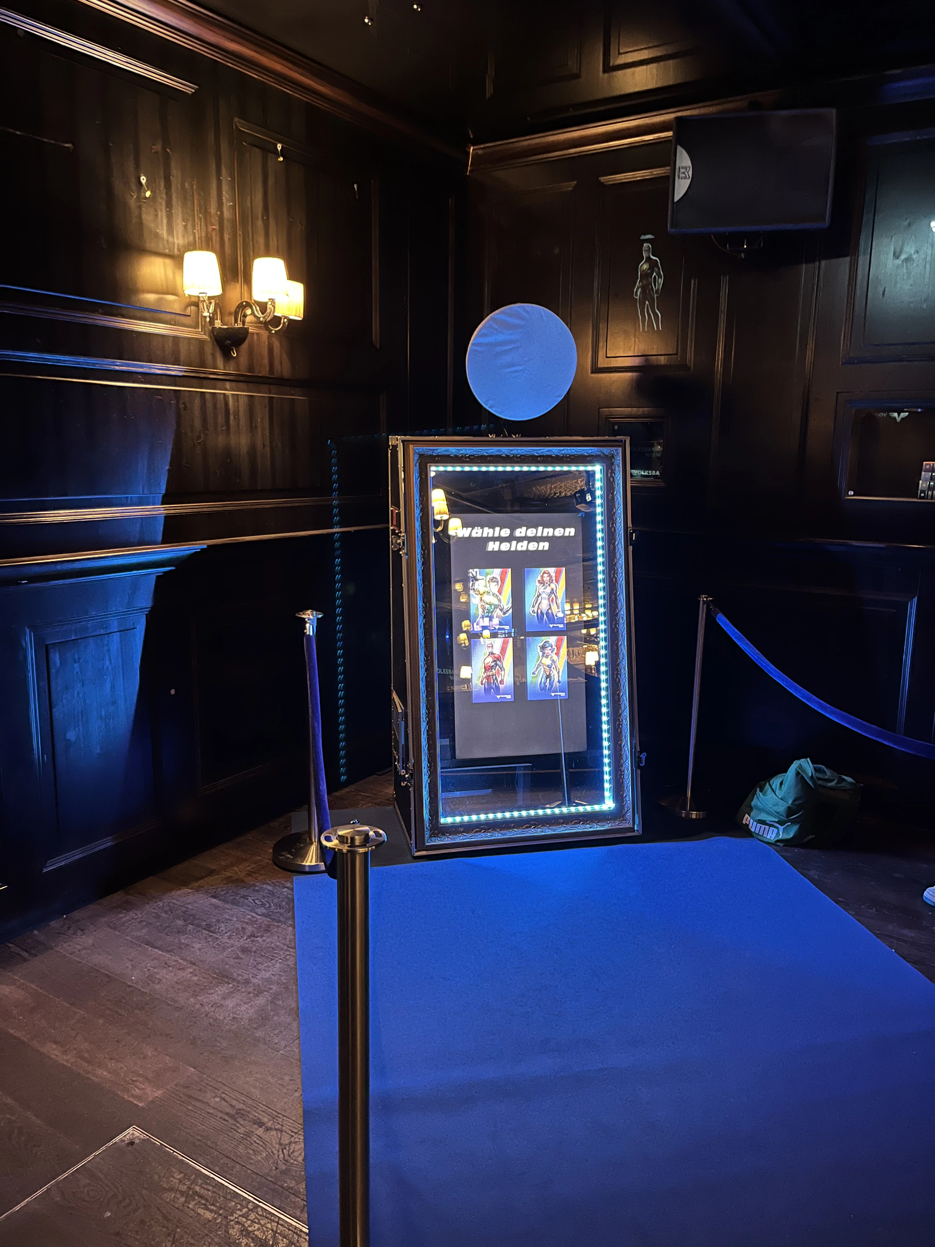 Magic Mirror Retro in a wood-panelled room with blue lighting