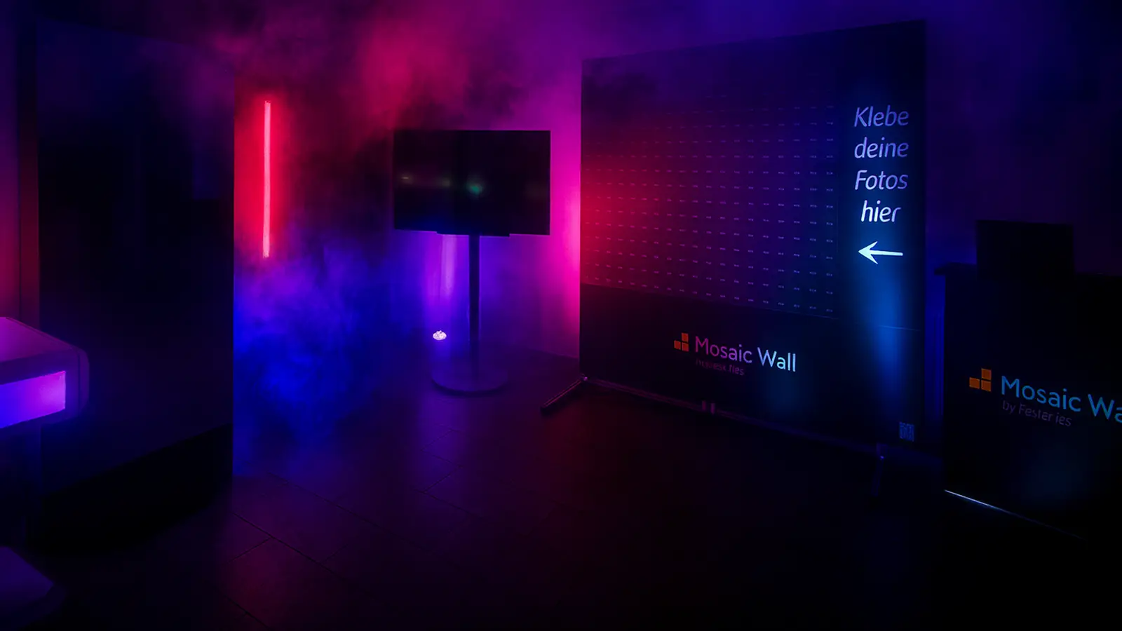 Photo Mosaic Wall setup in a dark room with a screen