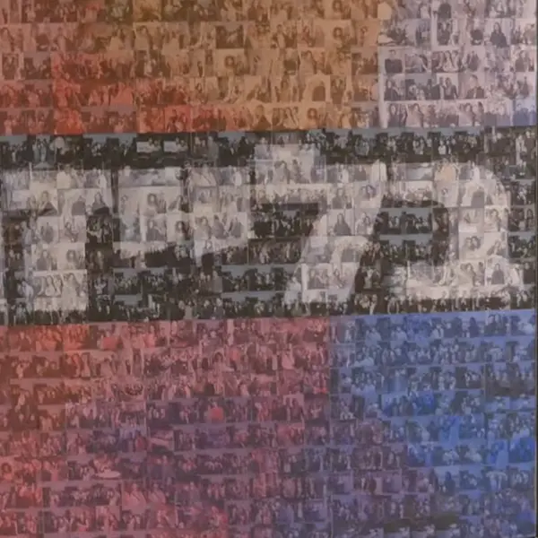 Finished photo mosaic spelling out a word from hundreds of guest photos