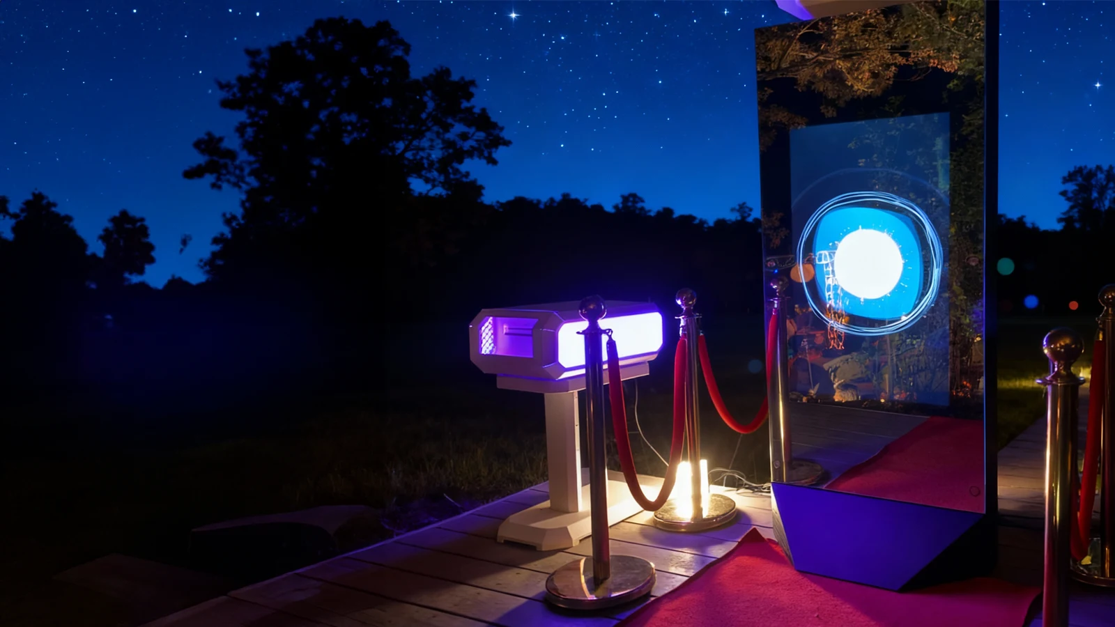 Magic Mirror X bei Nacht im Freien mit blauem Leuchtkreis