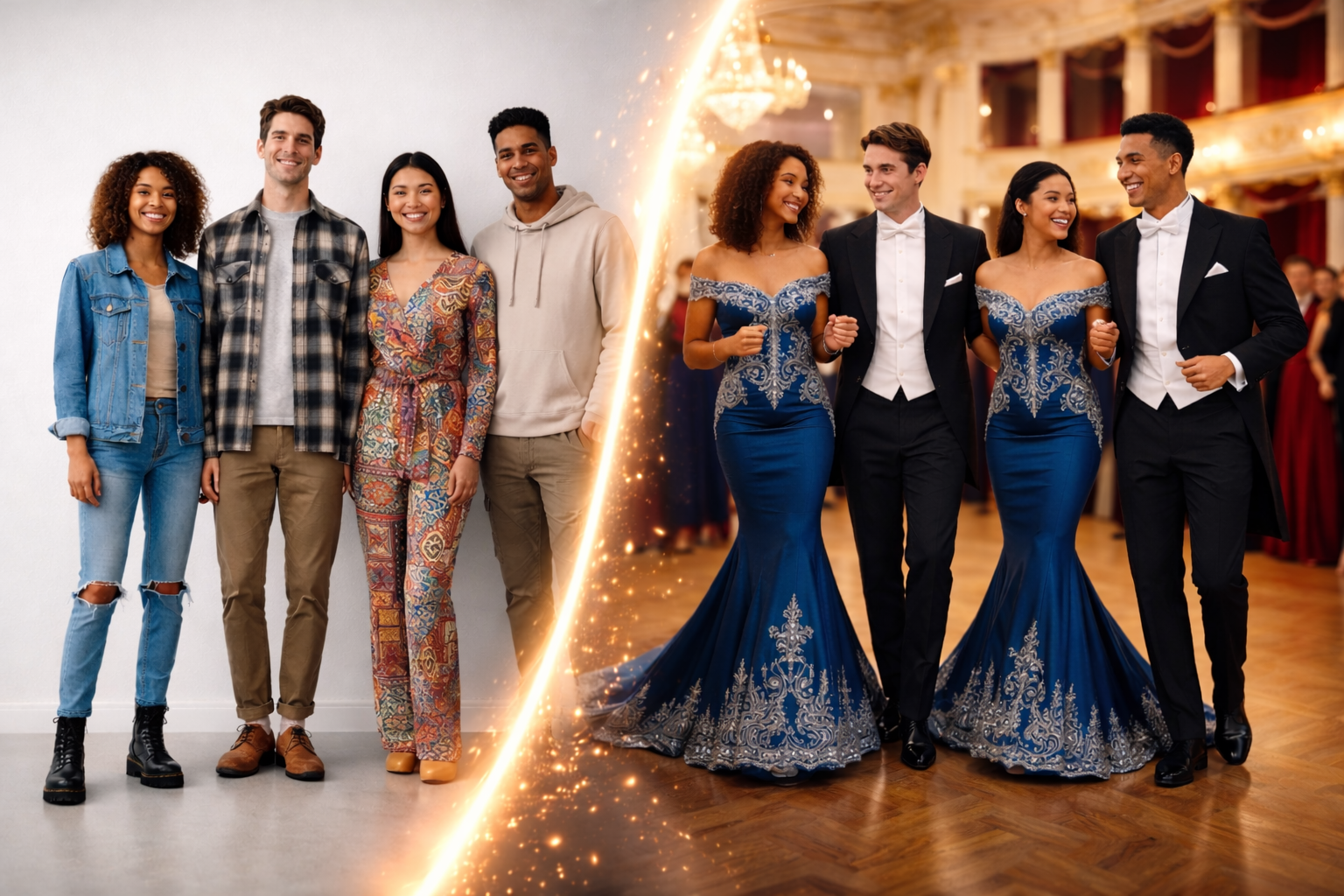 Group of guests in everyday clothes and in AI-generated evening wear