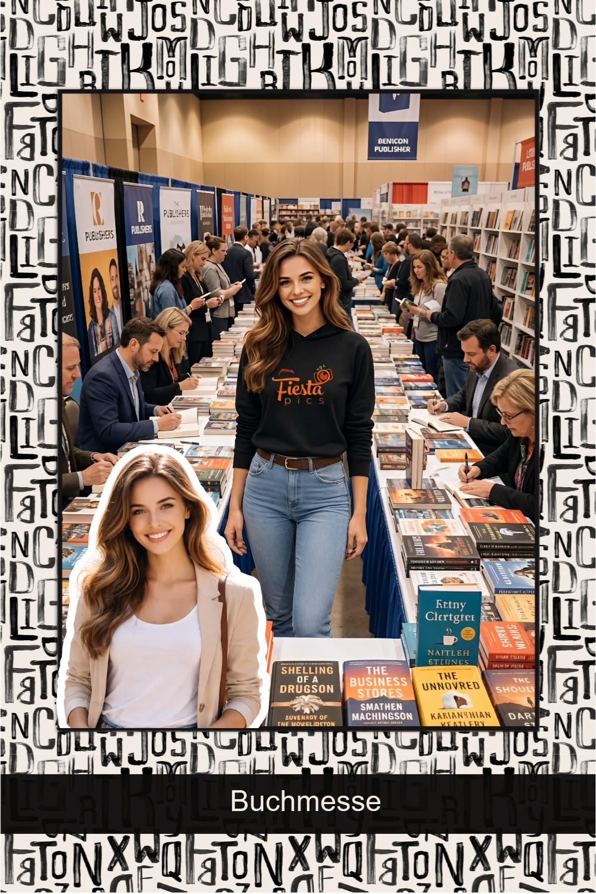 Guest at a book fair inside a branded trade fair frame