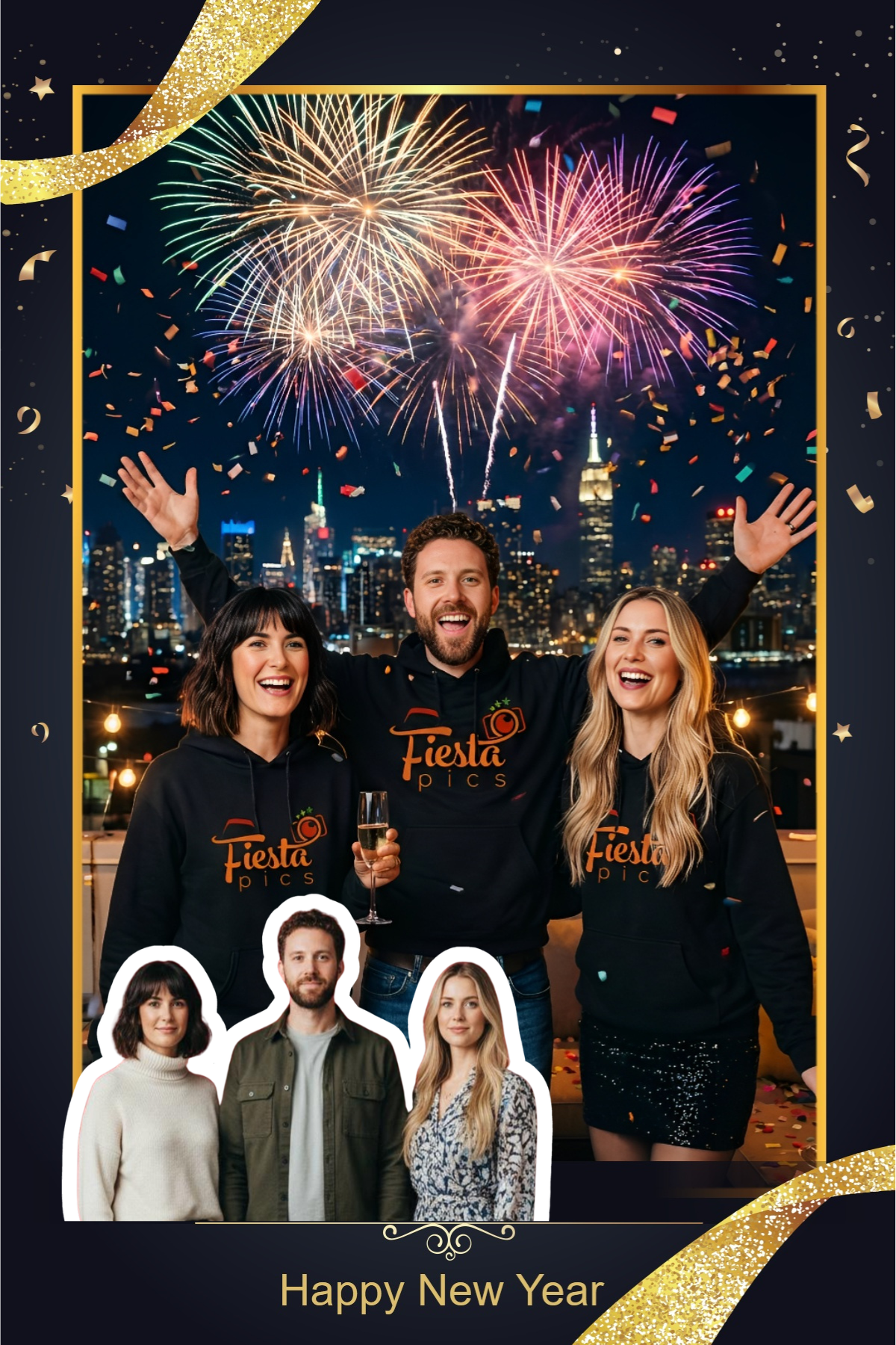 Guests in branded clothing in front of fireworks in a new year frame