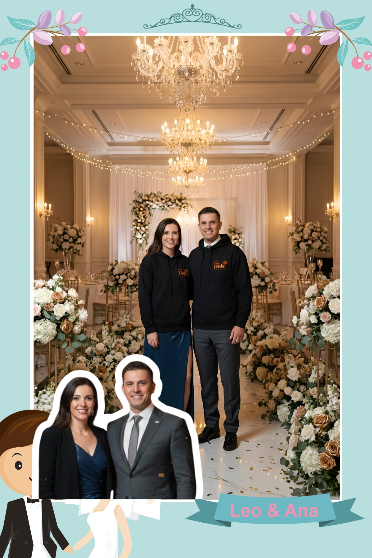 Couple in a floral setting inside a wedding frame