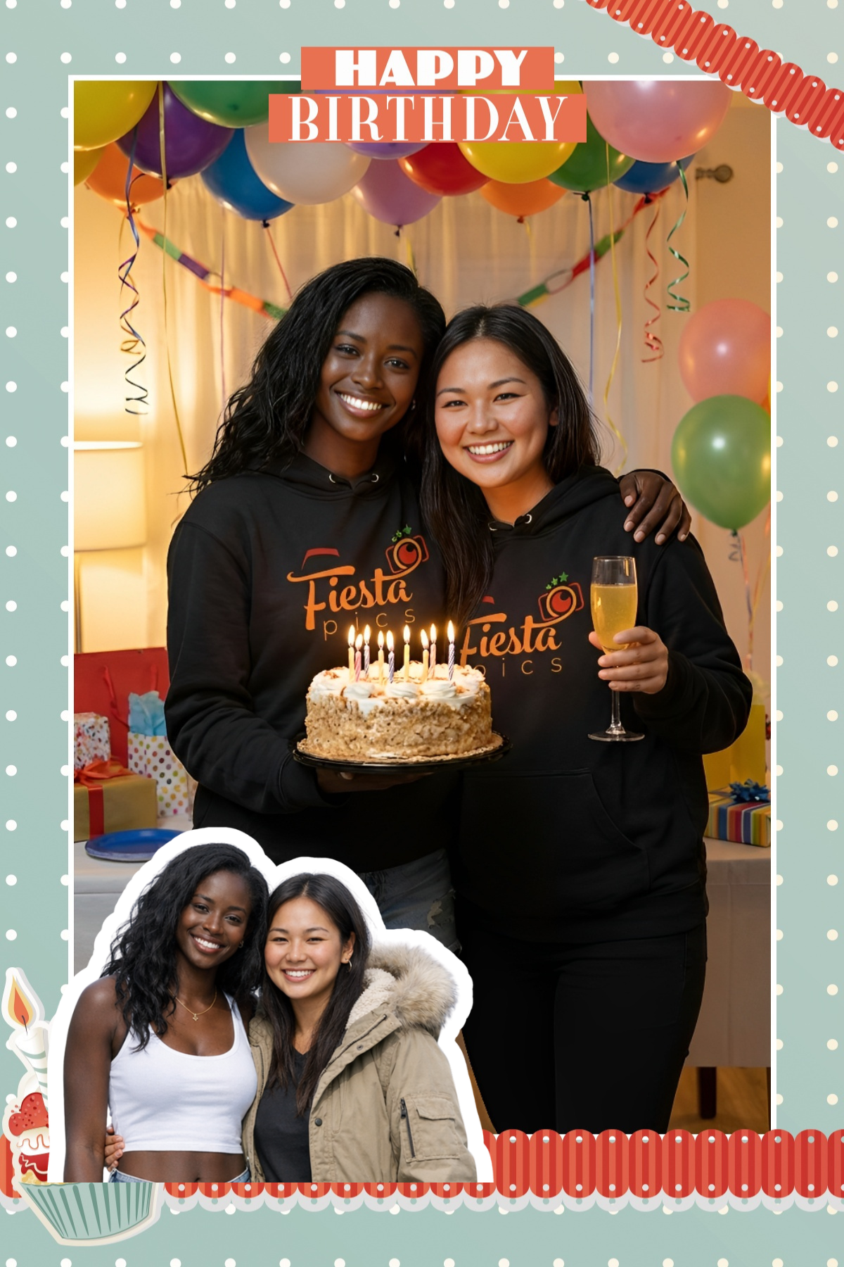Two guests with a birthday cake inside a happy birthday frame