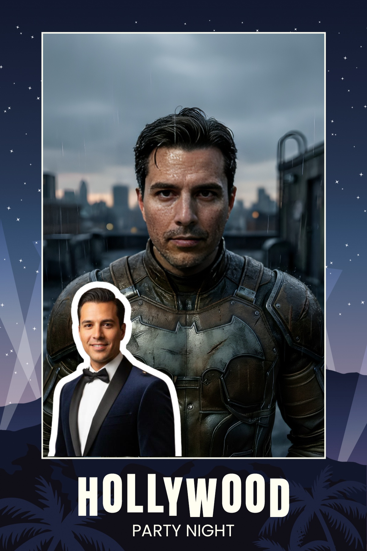 Guest as a superhero inside a Hollywood party night frame