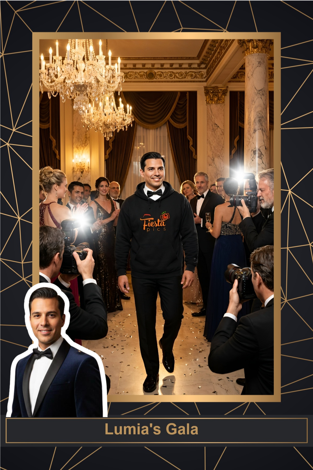 Guest on the red carpet with photographers inside a gala frame