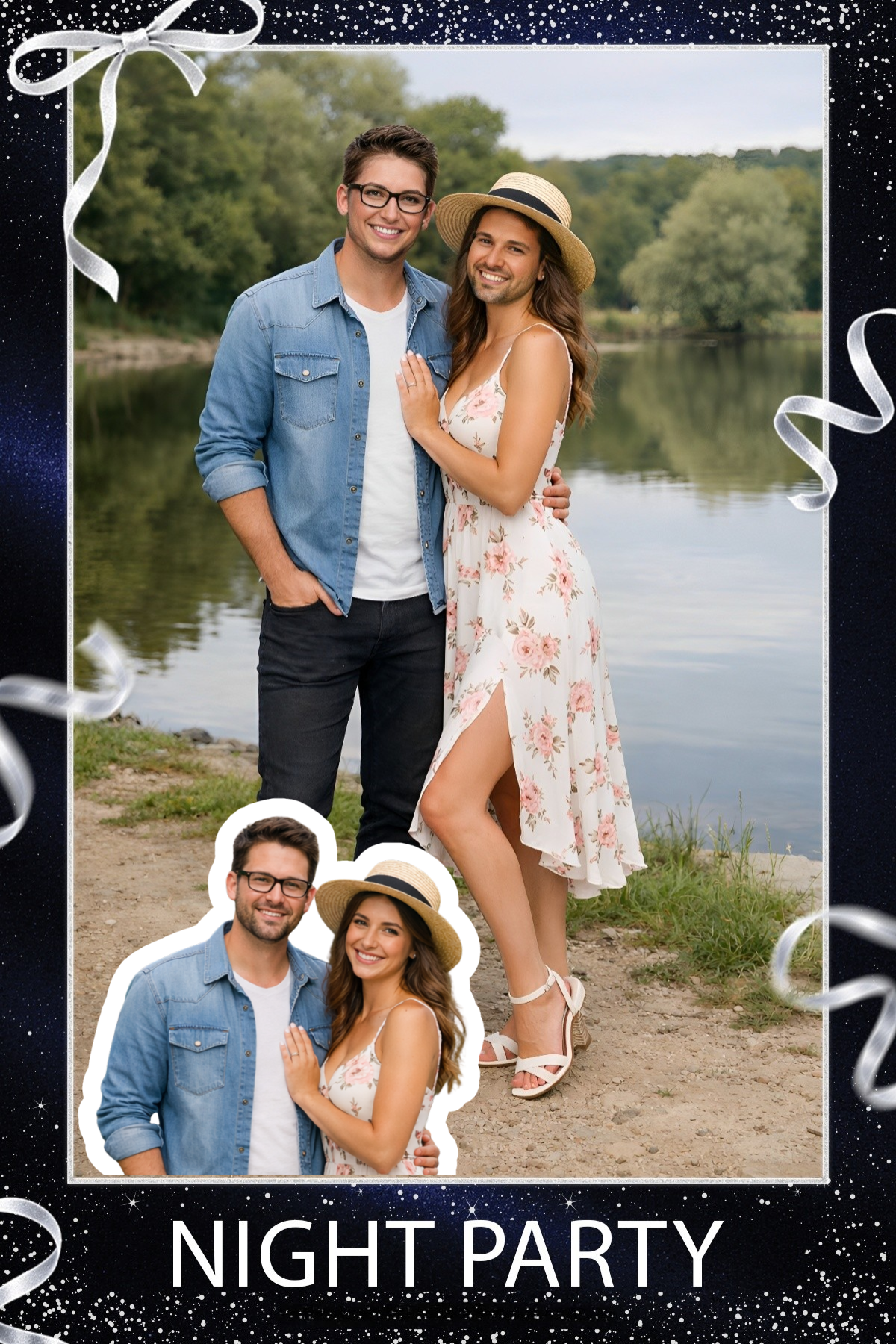Couple by a lake with swapped faces inside a night party frame