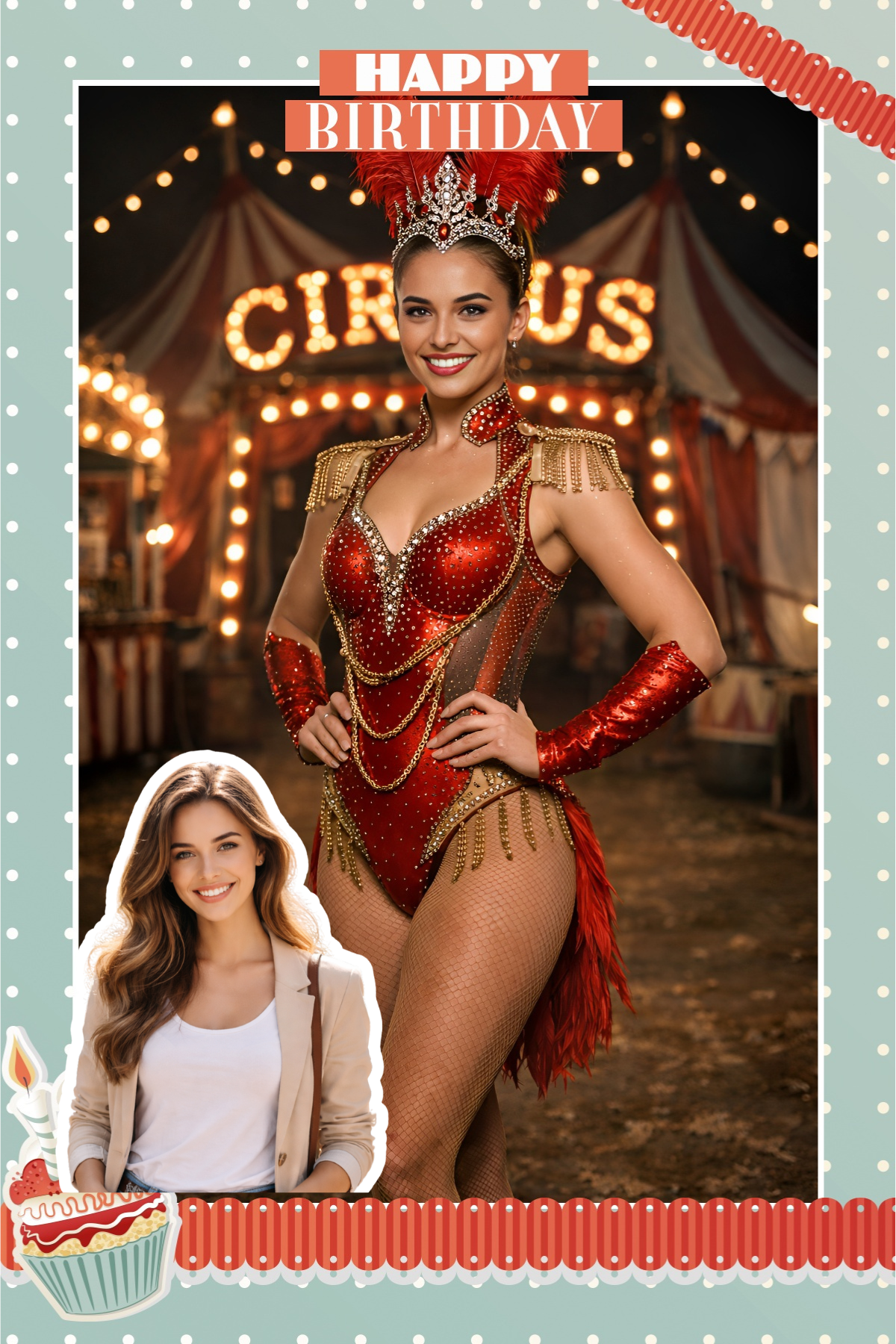 Guest as a circus artist in a birthday frame with her original photo