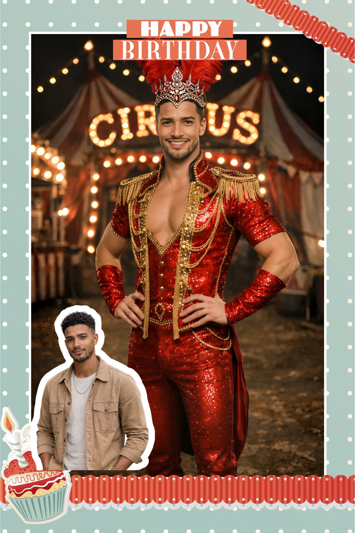 Guest as a ringmaster inside a birthday frame