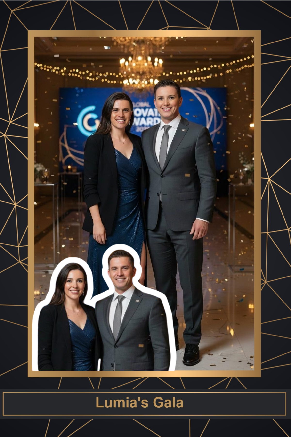 Couple in evening wear with swapped faces inside a gala frame