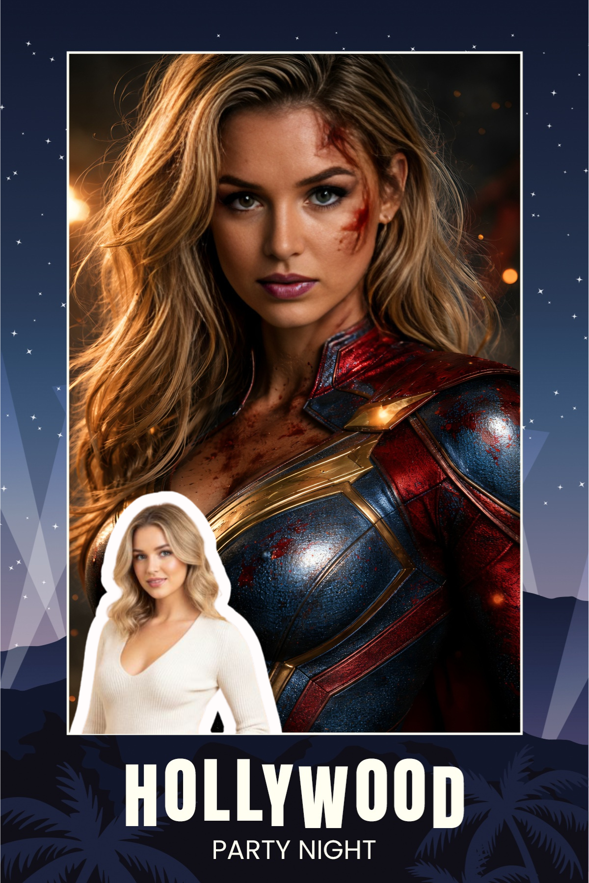 Guest as a superheroine inside a Hollywood party night frame