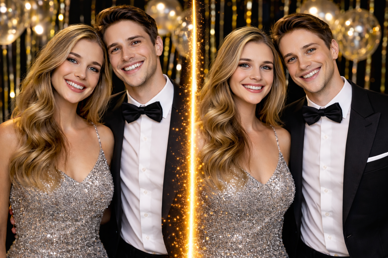 Couple in evening wear before and after swapping faces