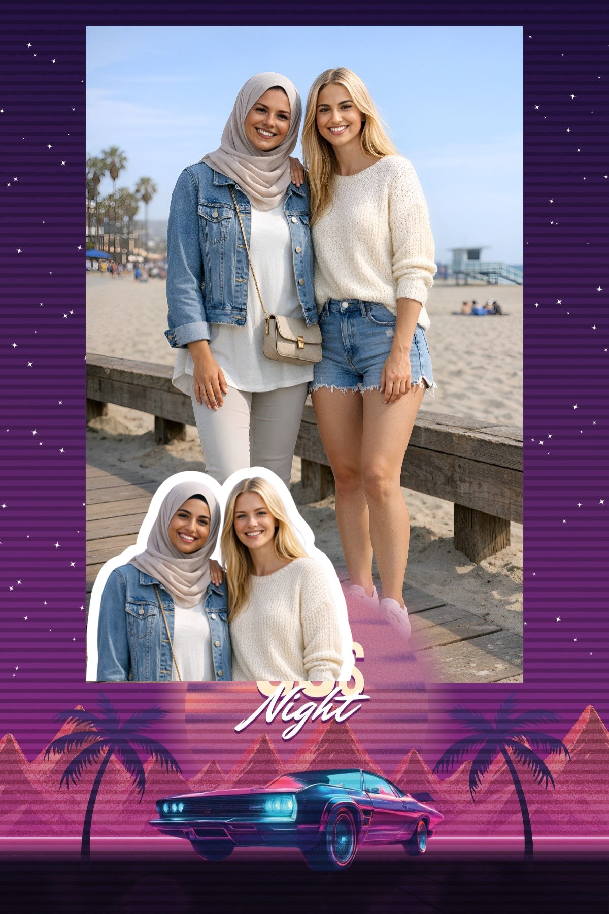 Three friends on the beach with swapped faces inside a retro frame