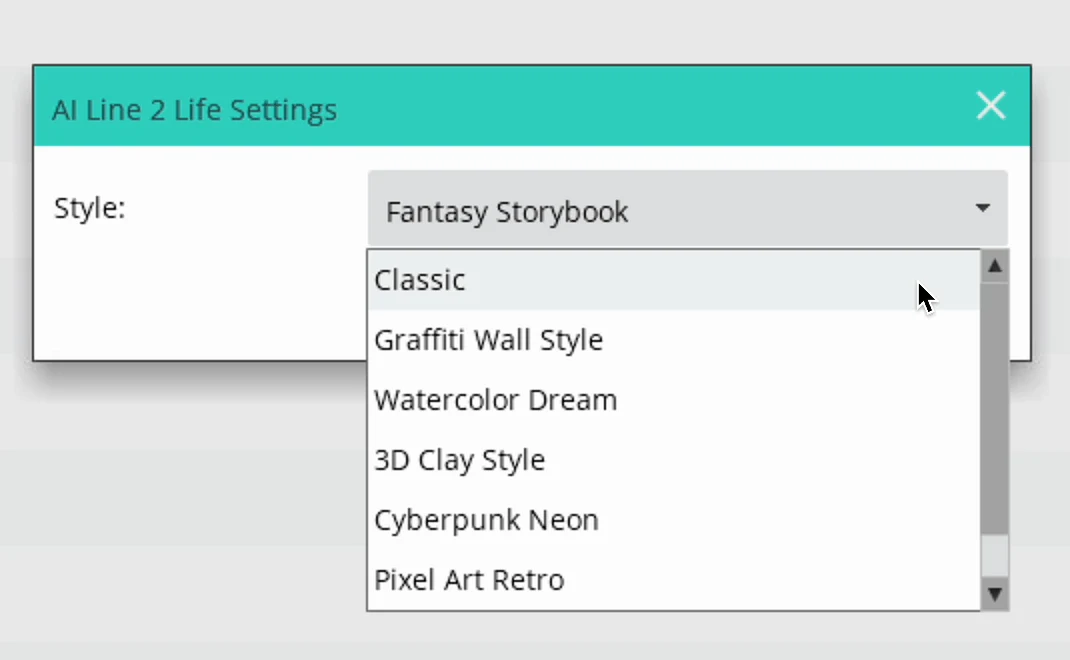 Line2Life settings dialogue with a choice of different styles