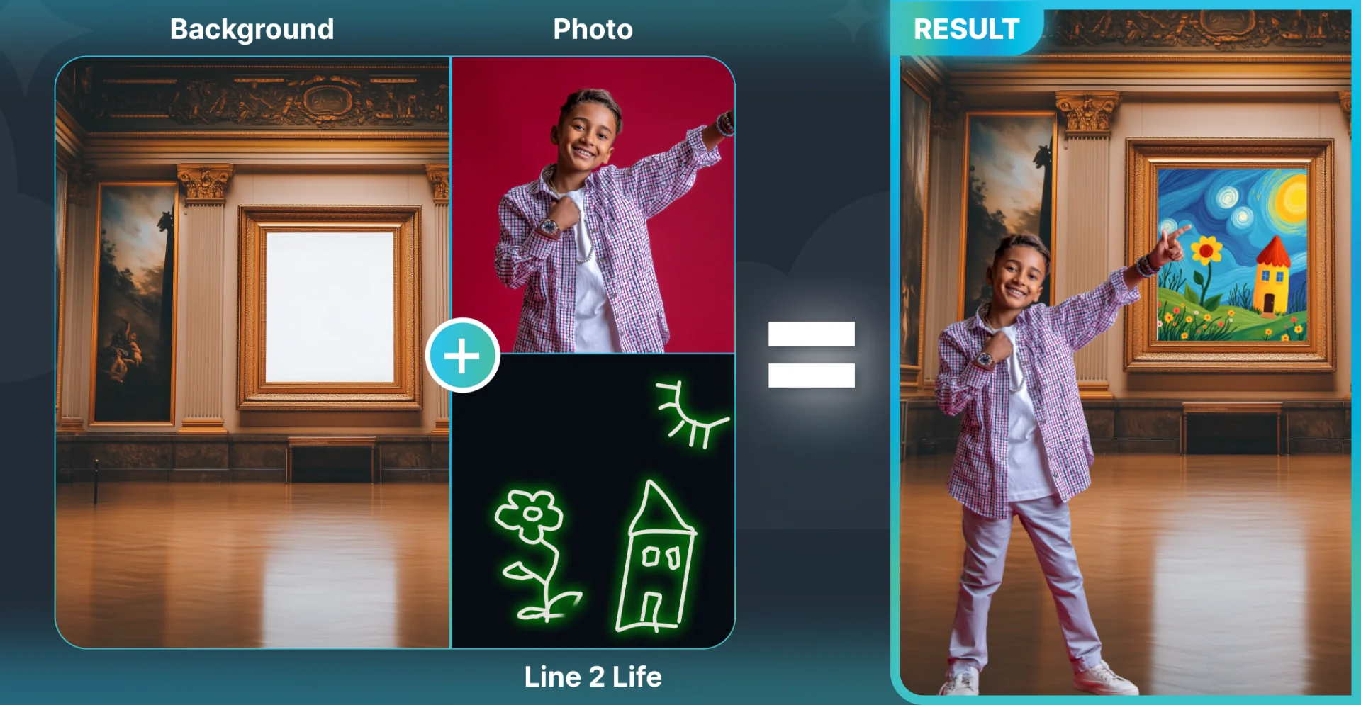 Line2Life process showing background, drawing and finished result