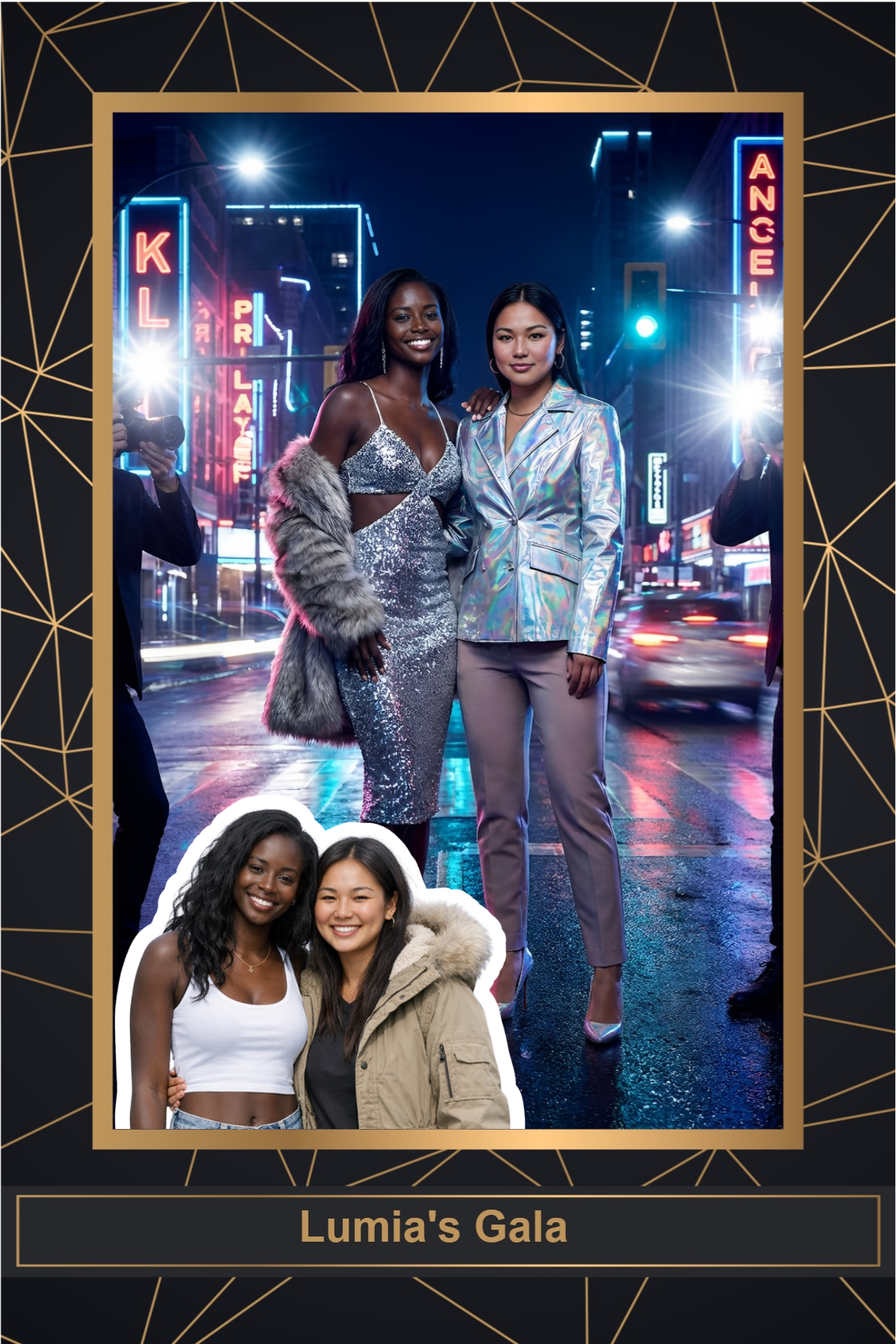 Group of guests in a neon city inside a gala frame