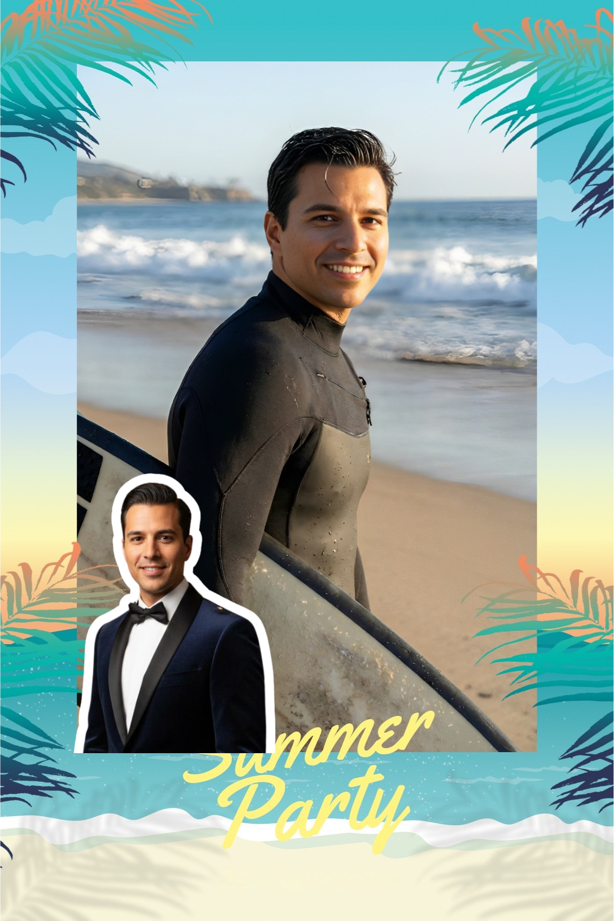 Guest as a surfer on the beach inside a summer party frame