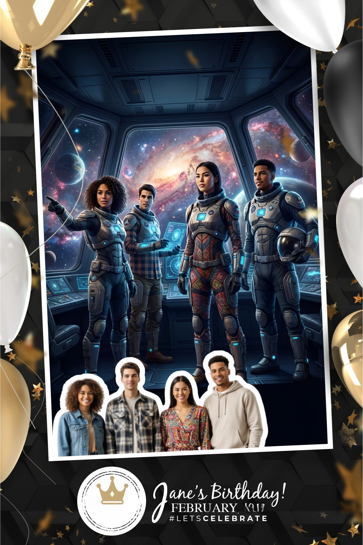 Group of guests as a sci-fi team inside a birthday frame