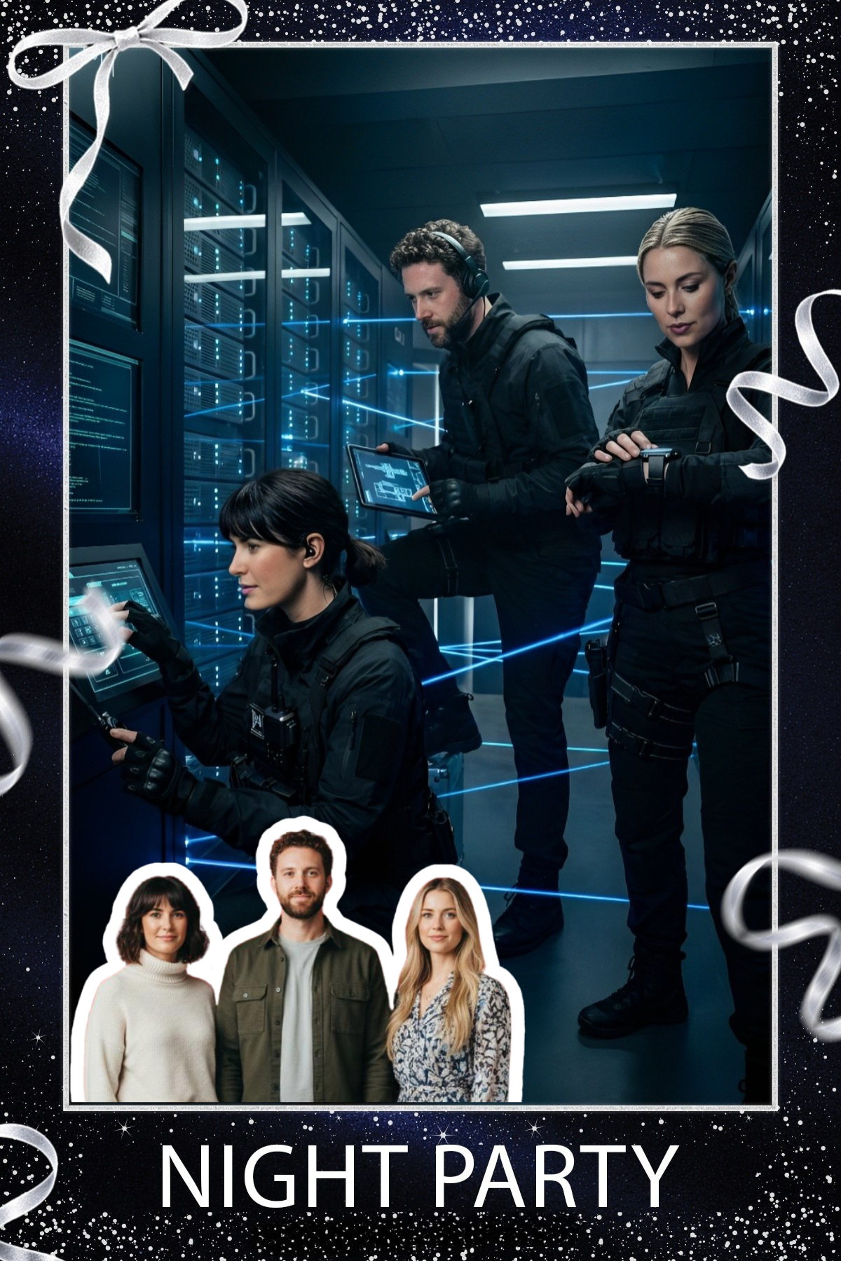 Group of guests placed in a server room scene inside a night party frame