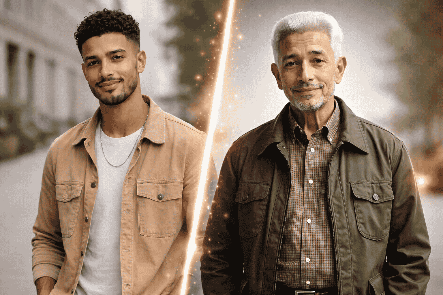 The same guest shown young and aged by the AI