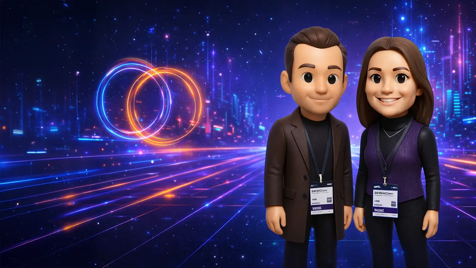 Two guests as 3D cartoon figures against a neon background