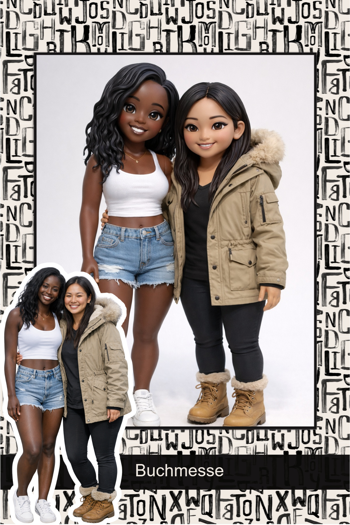 Three guests as cartoon figures inside a book fair frame