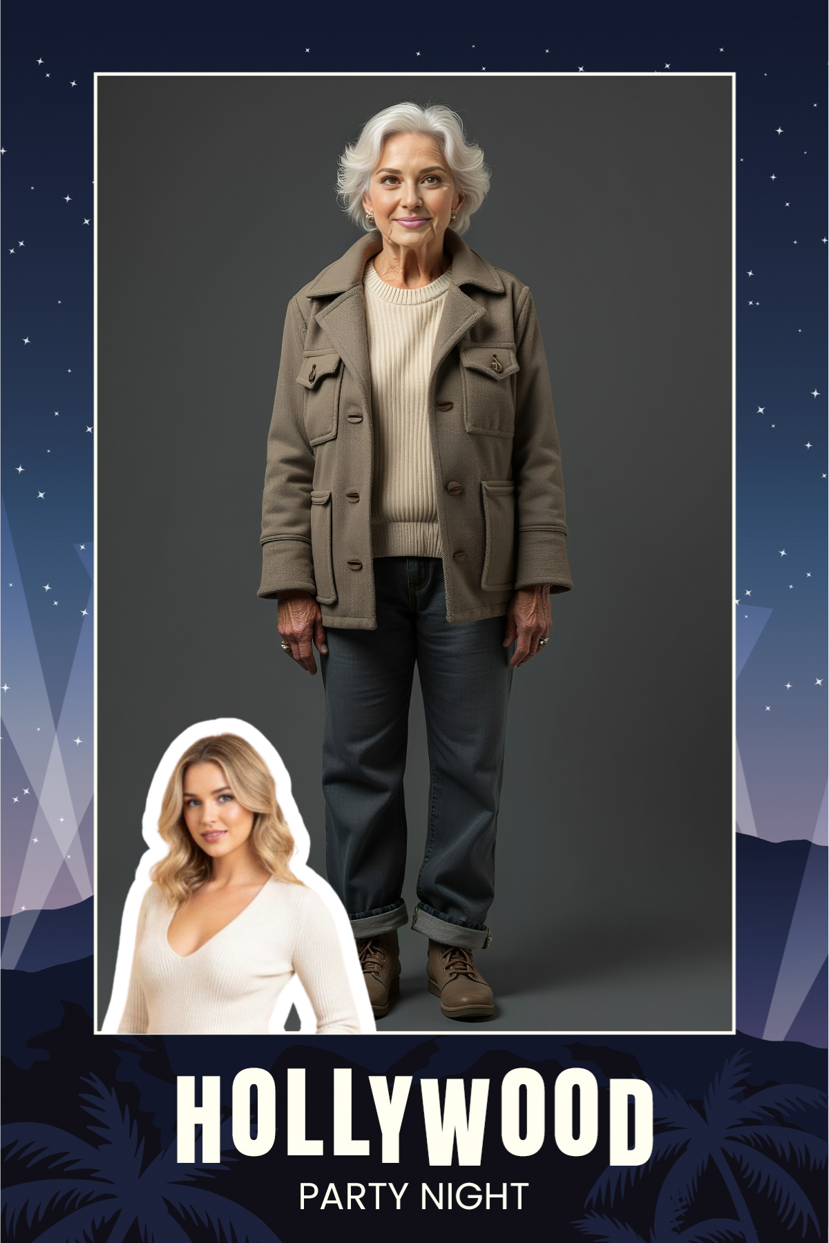 Guest as an aged version inside a Hollywood frame