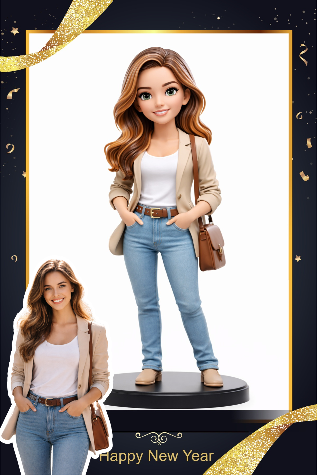 Guest as a collectible figure on a pedestal inside a new year frame