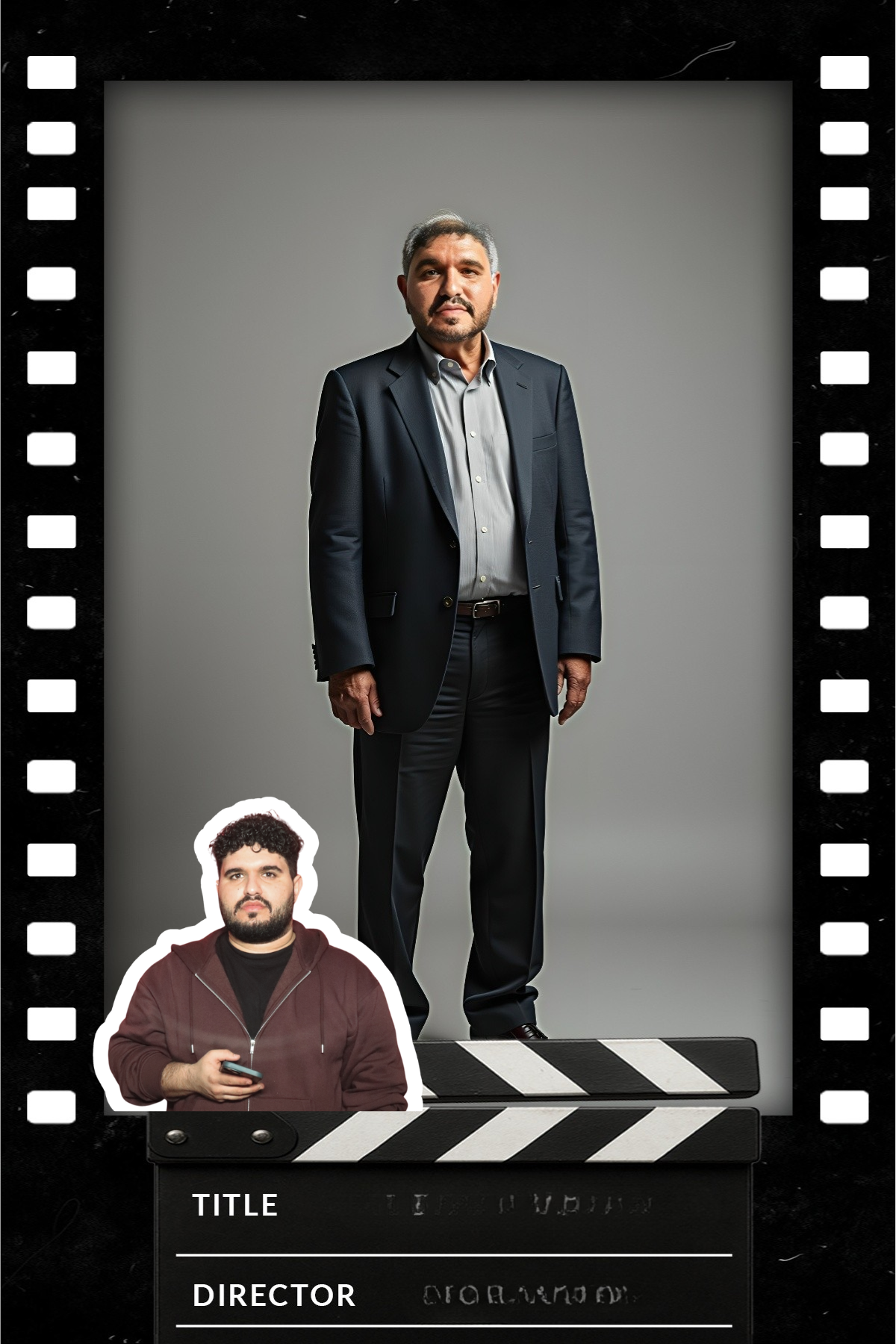 Guest as an aged version in a suit inside a film strip frame