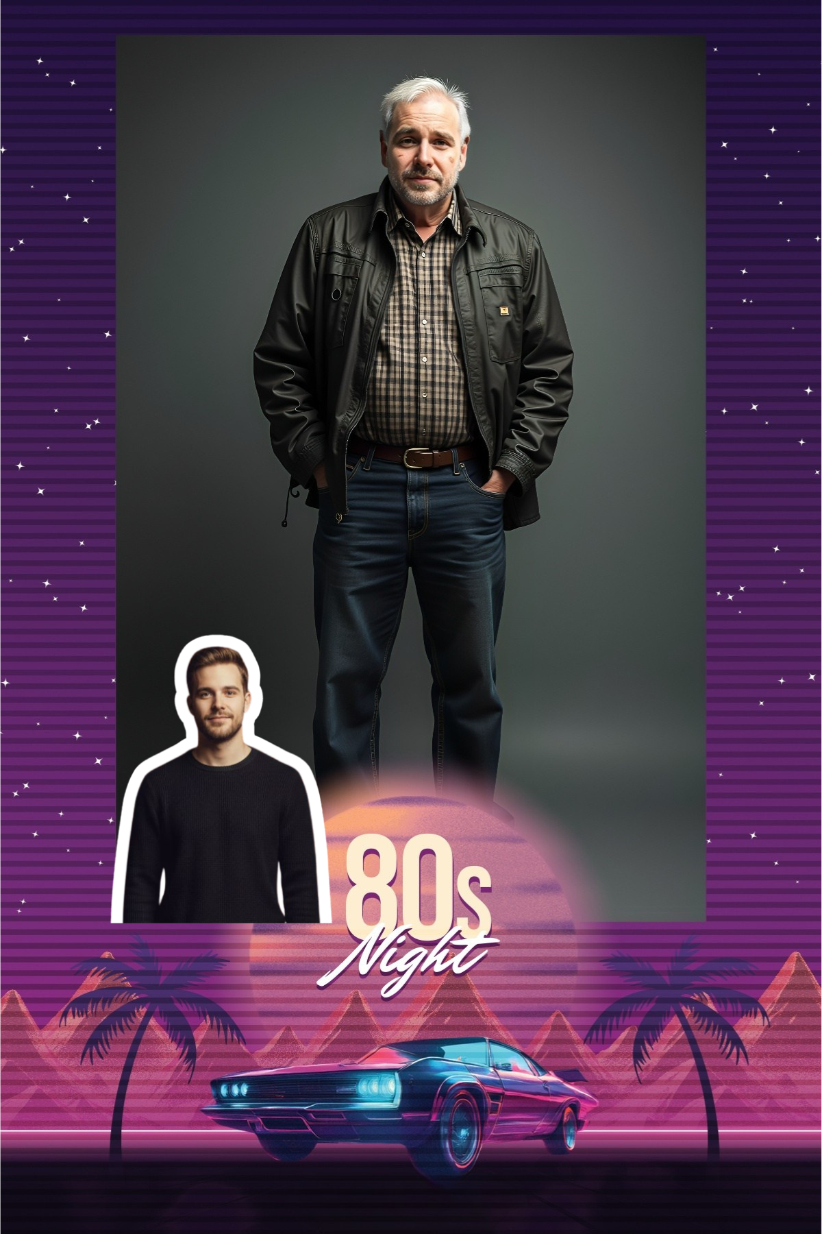 Guest as an aged version of himself inside an 80s frame