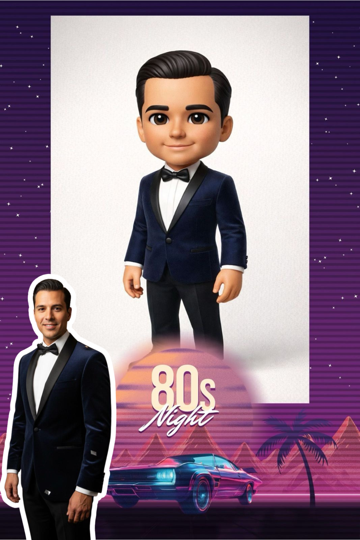 Guest as a collectible figure in a suit inside an 80s frame
